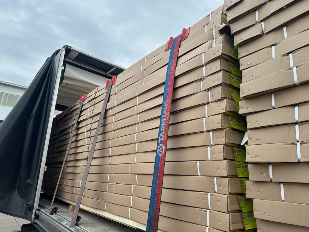 Semi truck trailer with secured load.